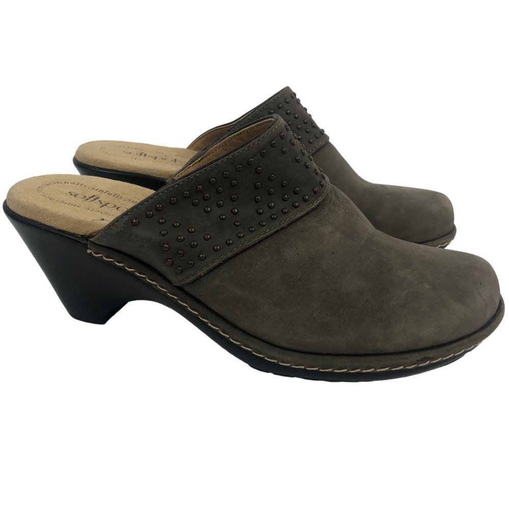 Softspots Studded Gray Suede Slide On Slip On Shoes Clogs Mules Size 7.5 M